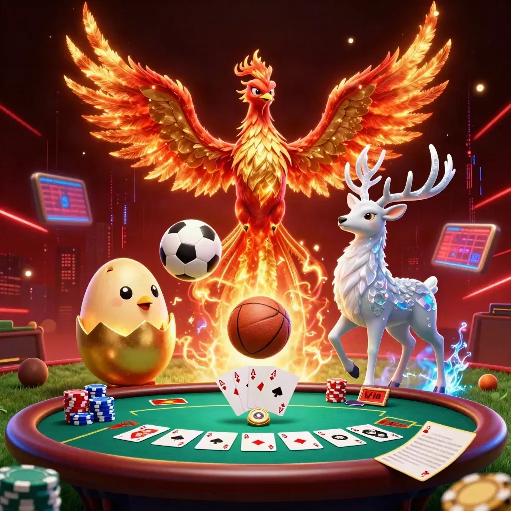 Phoenixes and a crystal stag amid poker chips, cards, balls, and neon casino energy.