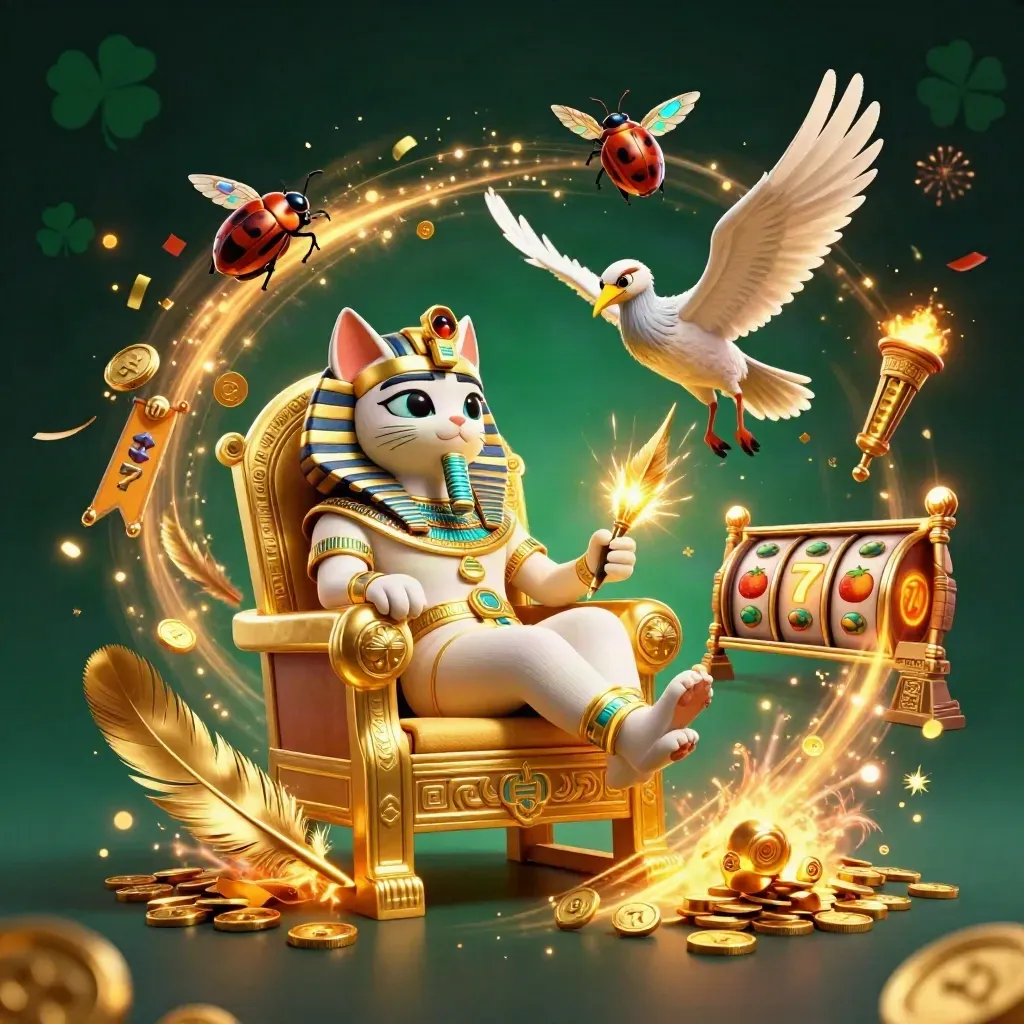 Pharaoh cat, ibis scribe and gem scarabs amid gold sparks and temple-casino relics
