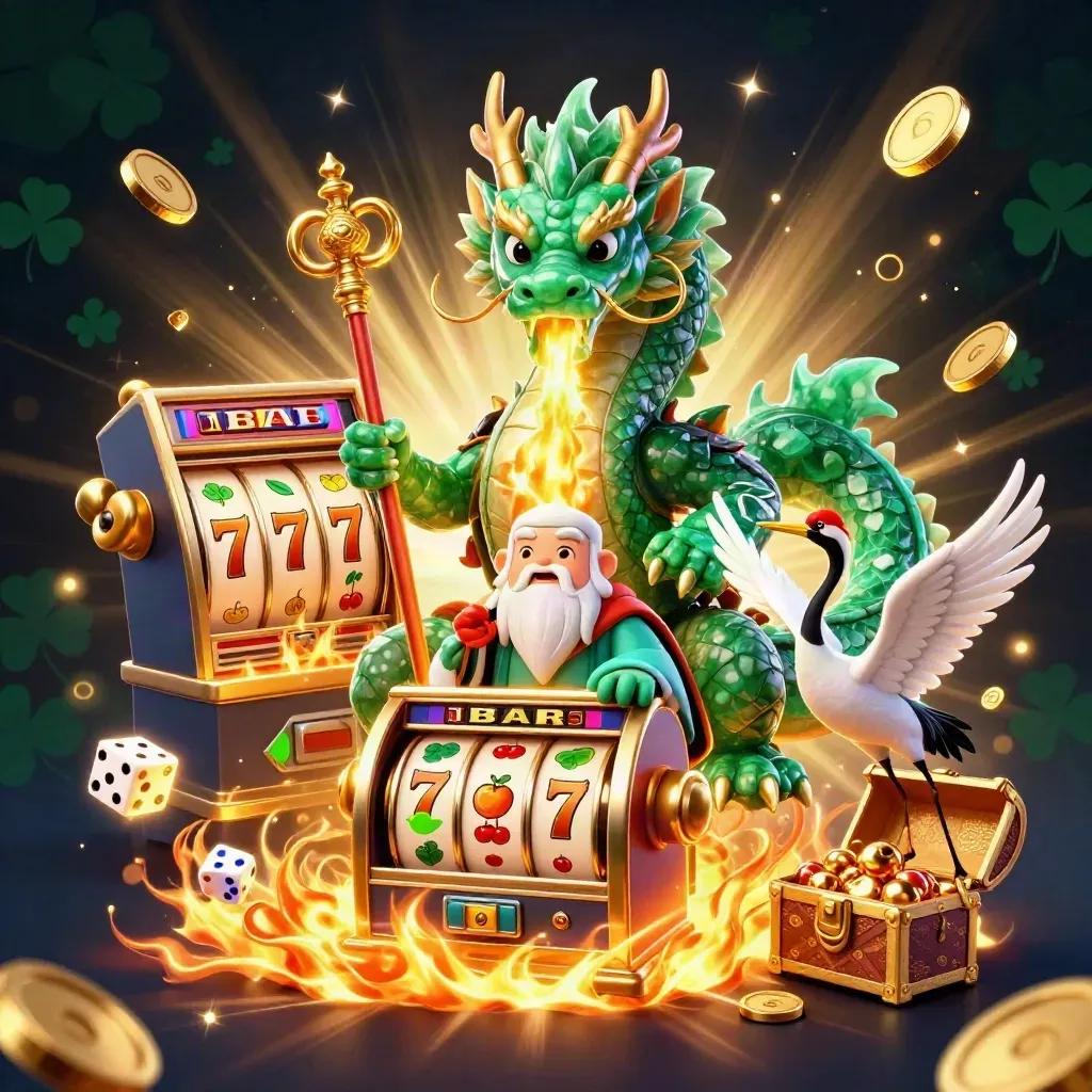 Emerald dragon, turtle sage, and cranes amid bursting slots, gold coins, and fireworks.